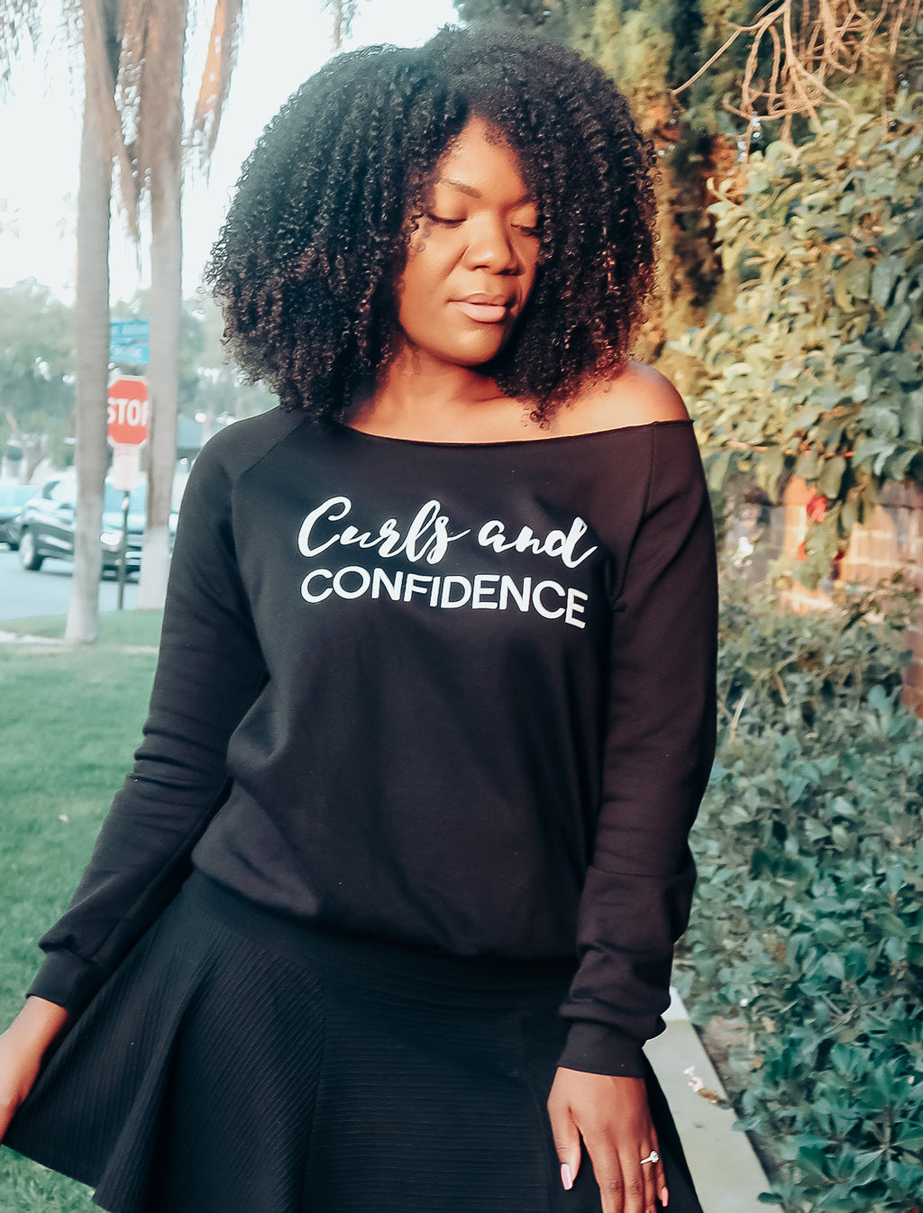 Curls and Confidence Off The Shoulder Sweatshirt