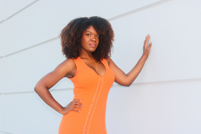 Tie Me | Orange Front Side Slit Ribbed Dress