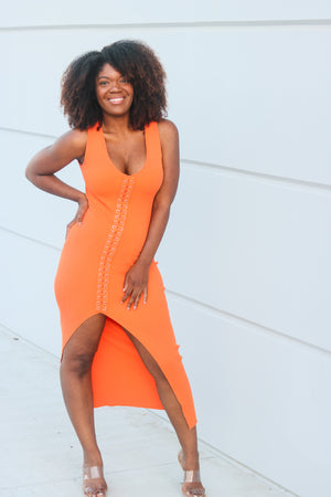 Tie Me | Orange Front Side Slit Ribbed Dress