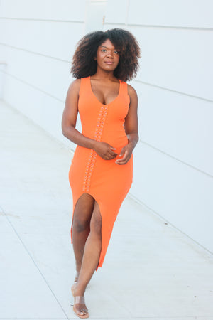 Tie Me | Orange Front Side Slit Ribbed Dress