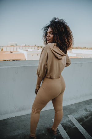 Mocha Latte | Tan Hooded Jumpsuit