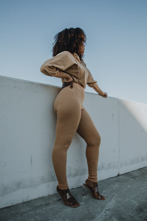 Mocha Latte | Tan Hooded Jumpsuit