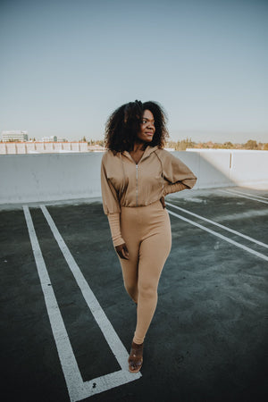 Mocha Latte | Tan Hooded Jumpsuit