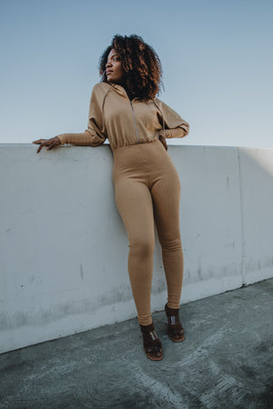 Mocha Latte | Tan Hooded Jumpsuit